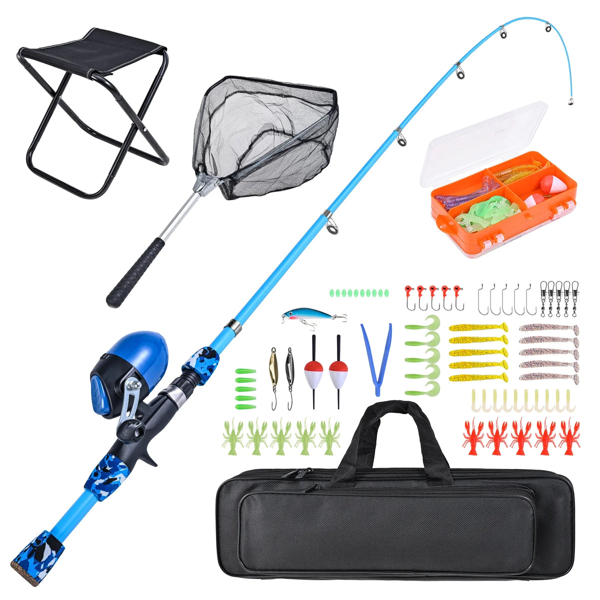 Kids Fishing Rod and Reel Combo with Collapsible Stool, Landing Net, and Tackle Box V957474
