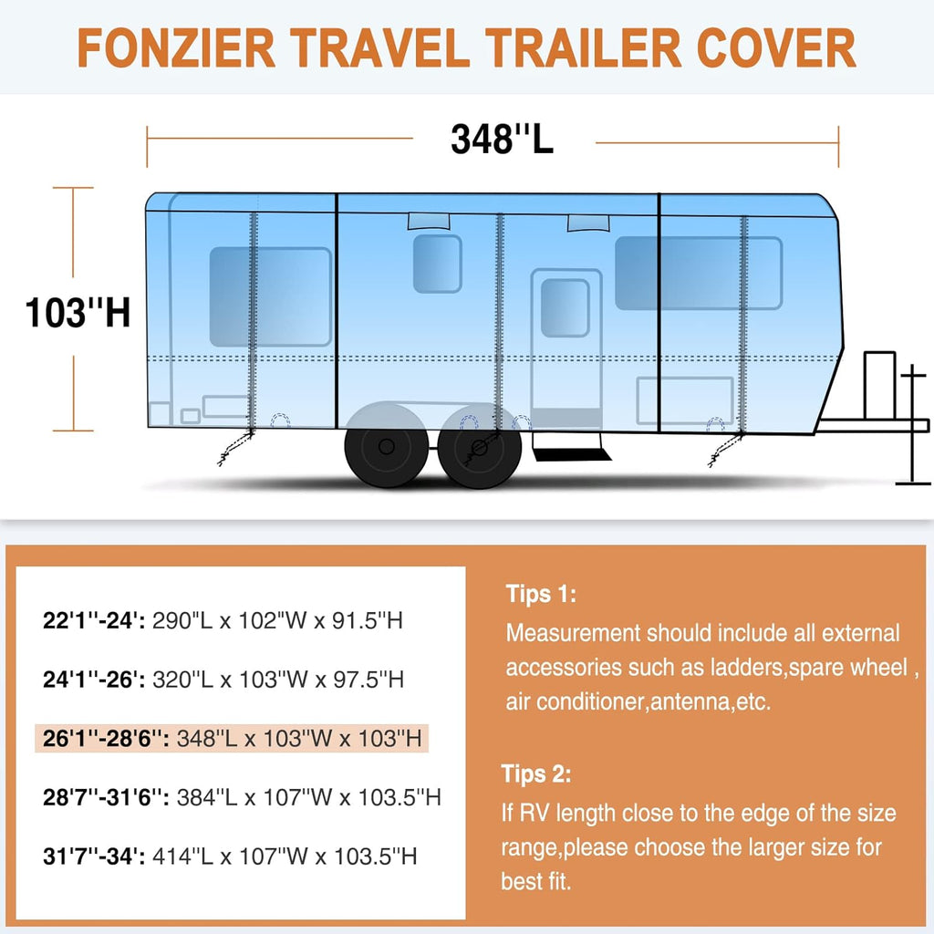 Heavy Duty 6 Layers Travel Trailer RV Cover Anti-UV Breathable Rip-Stop with 2Pcs Extra Straps & Gutter Spout Covers E74438