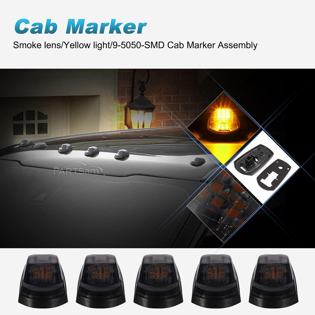 5Pcs Smoke Amber LED Cab Marker Roof Clearance Lights Assembly E79873