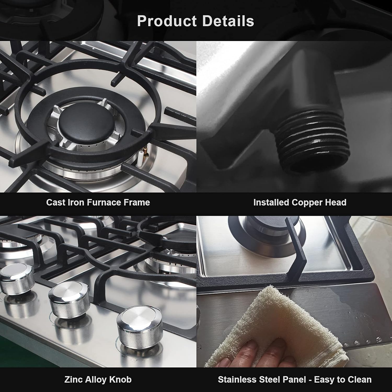 36 inch 5 Sealed Burners Stainless Steel Gas Cooktop with Cast Iron Grates P2933