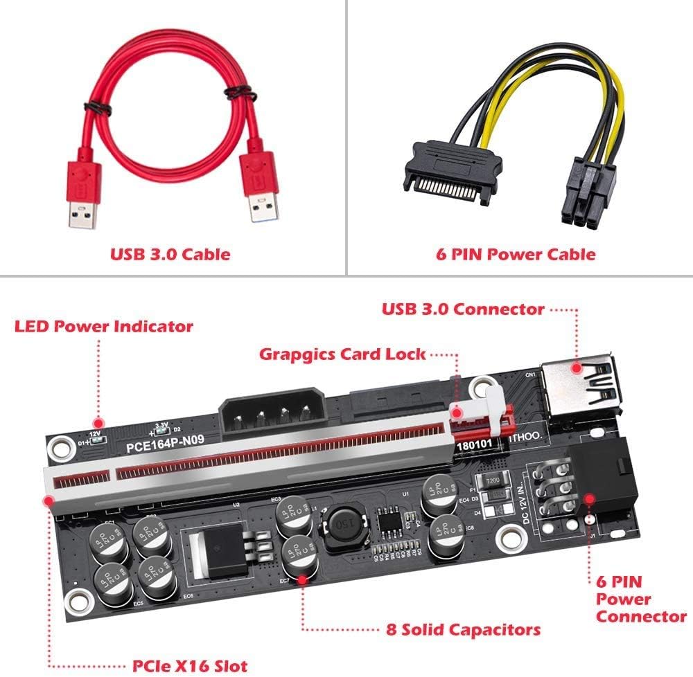 PCIE Riser 1X to 16X Graphics Extension Adapter Card, 8 Capacitors, 60cm USB 3.0 Cable, 6PIN Power Option, 6-Pack U8967