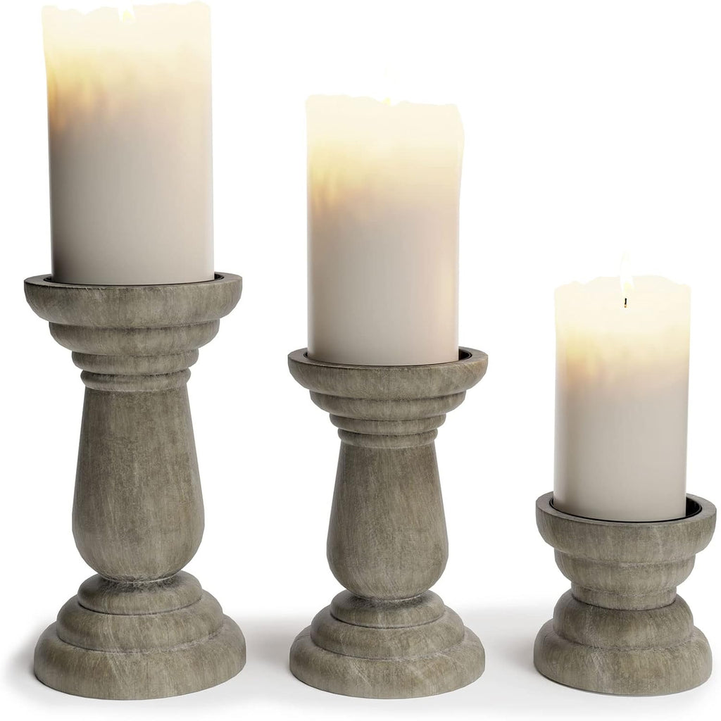 Grey Wood Pillar Candle Holder Stands, Set of 3 X79338