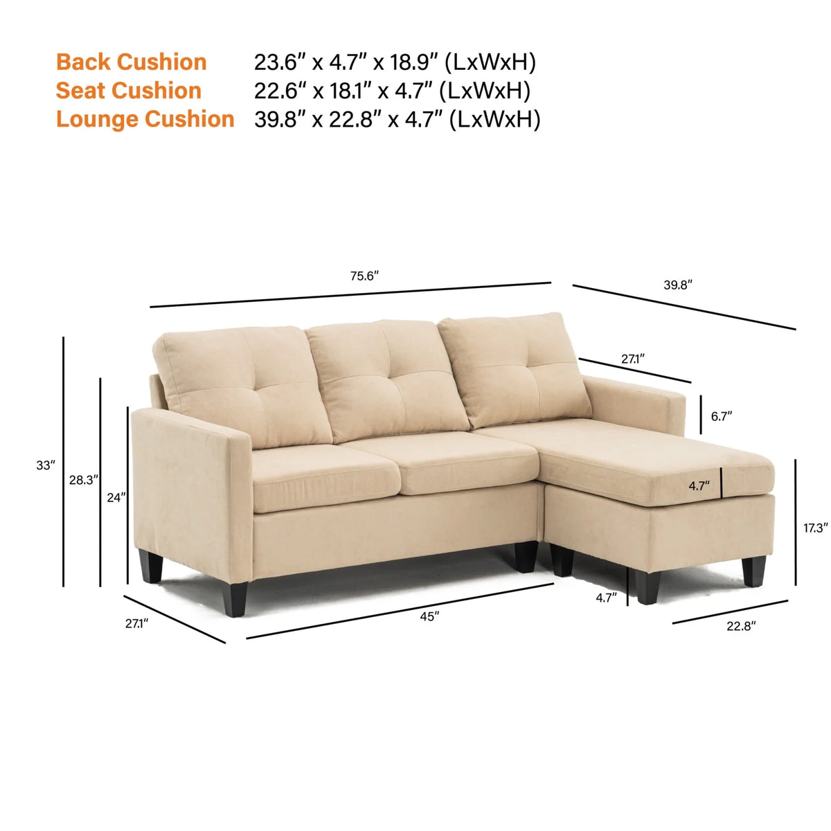 75" Gray Fabric Sofa and Chaise Convertible to Ottoman O7184