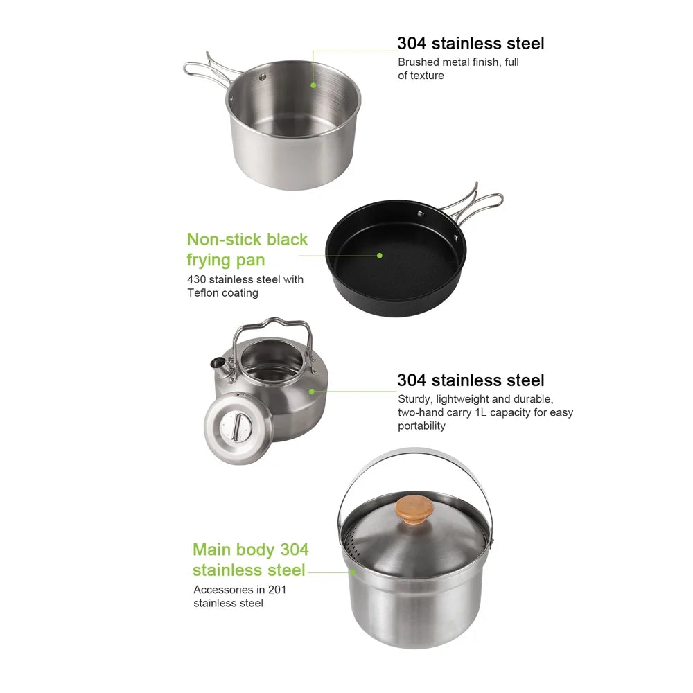 Stainless Steel Camping Cookware Set with Pot Frying Pan Kettle R105