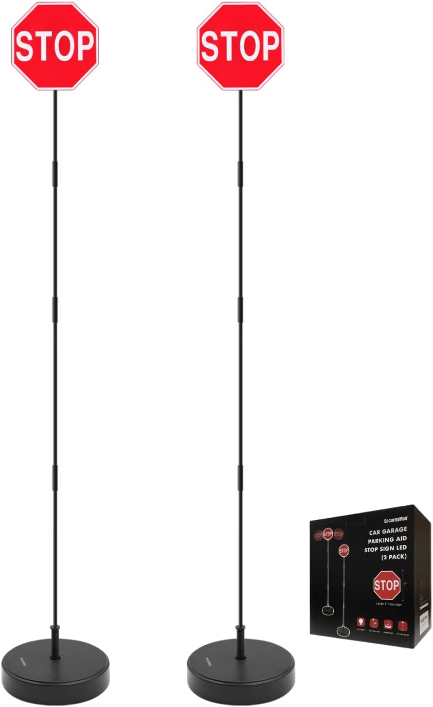 LED Stop Sign for Garage Parking Assist (2 Pack) - Large 7" Sign, Bright Red LEDs, Adjustable Height (Up to 54") U473