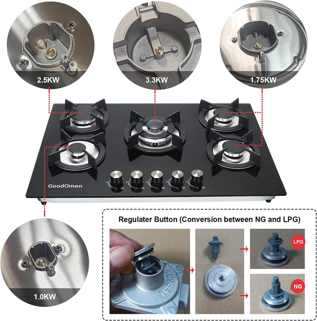 36 inch 5 Sealed Burners Stainless Steel Gas Cooktop with Cast Iron Grates P2933
