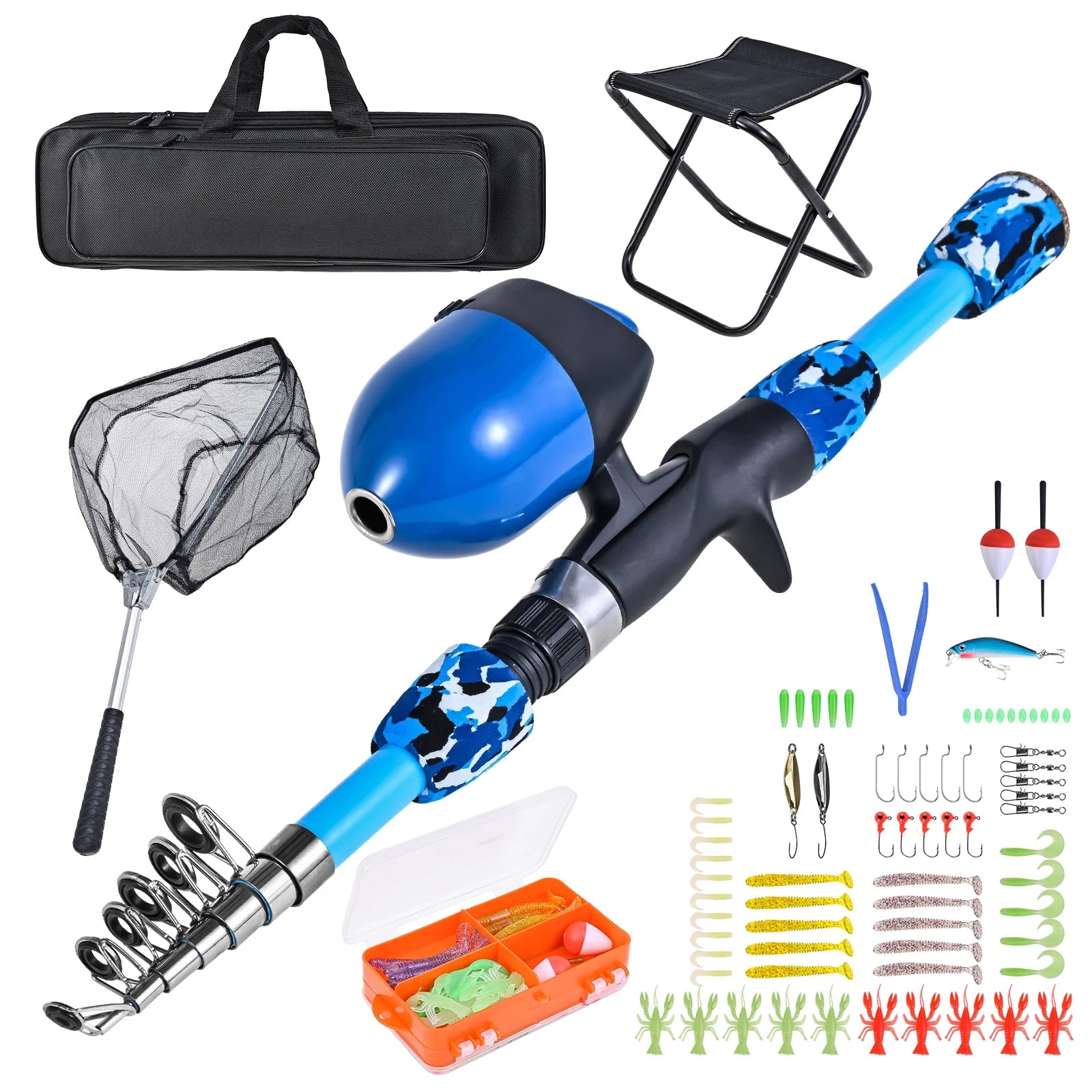 Kids Fishing Rod and Reel Combo with Collapsible Stool, Landing Net, and Tackle Box V957474
