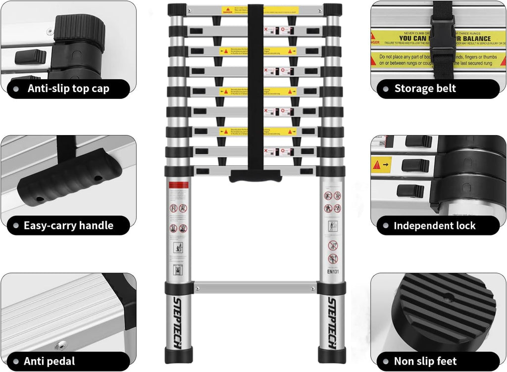 Telescoping Ladder 8.5 ft Aluminum Anti-Pinch Collapsible Ladder J2052