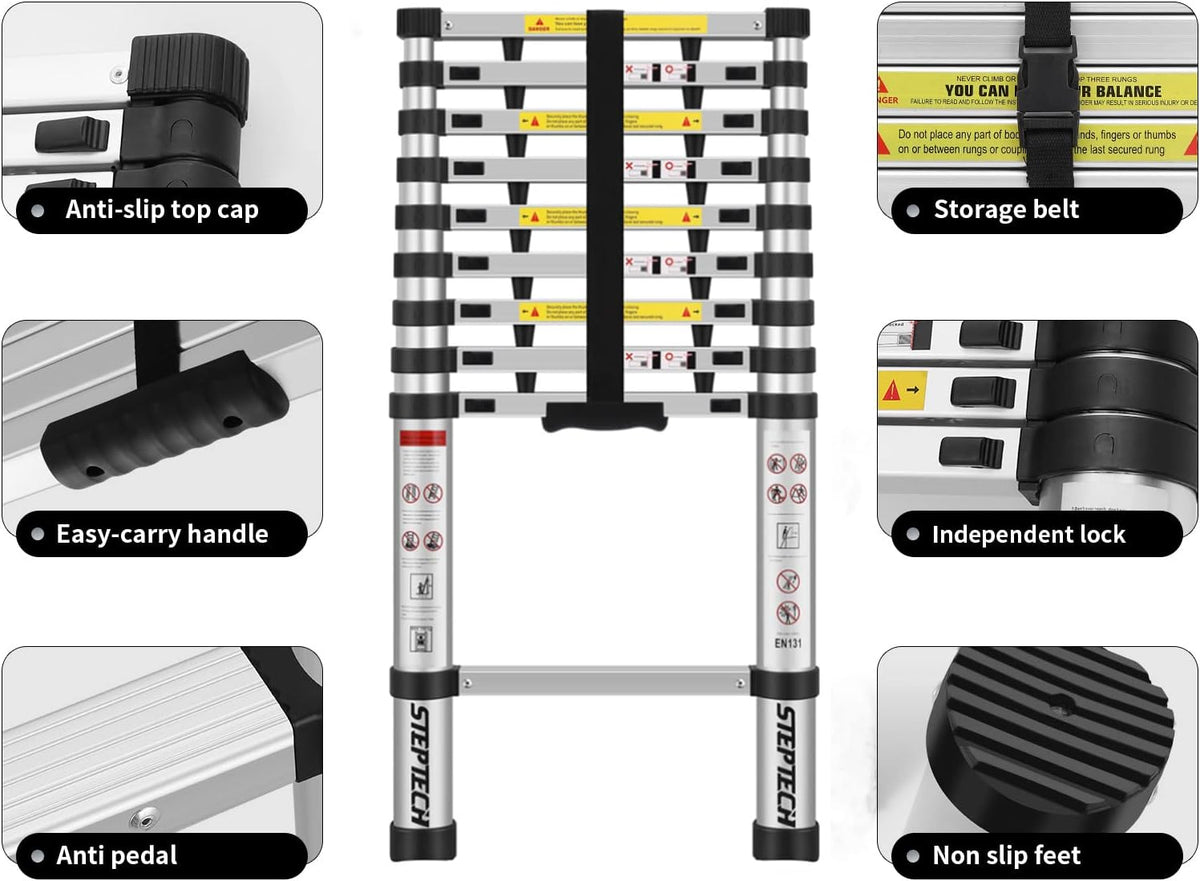 Telescoping Ladder 8.5 ft Aluminum Anti-Pinch Collapsible Ladder J2052