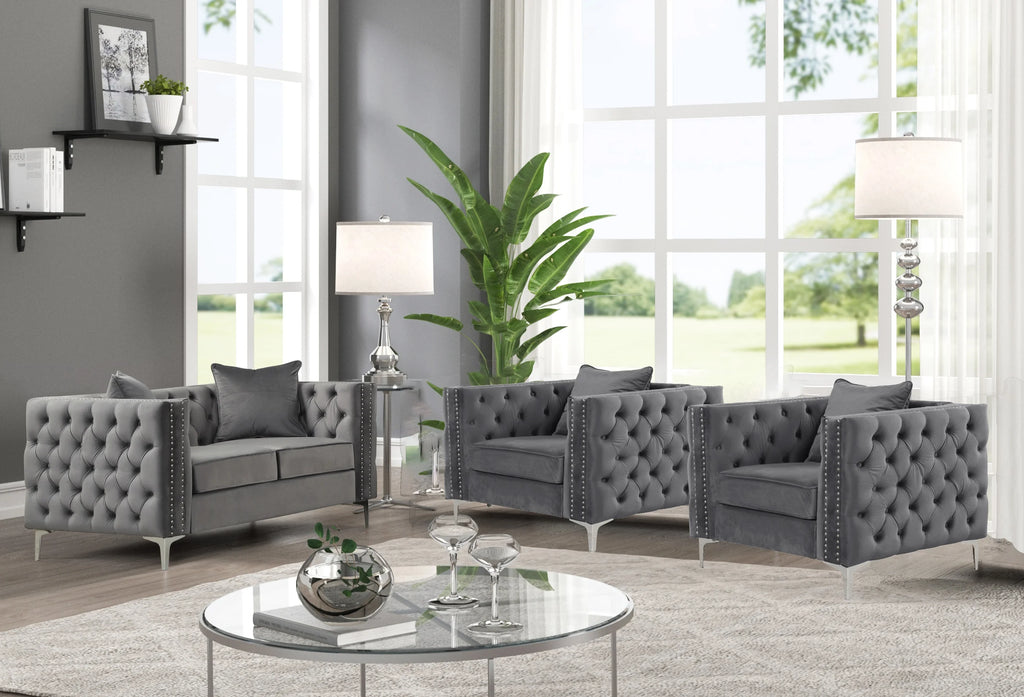 Gray Velvet 3 Pieces Loveseat and 2 Armchairs U44319