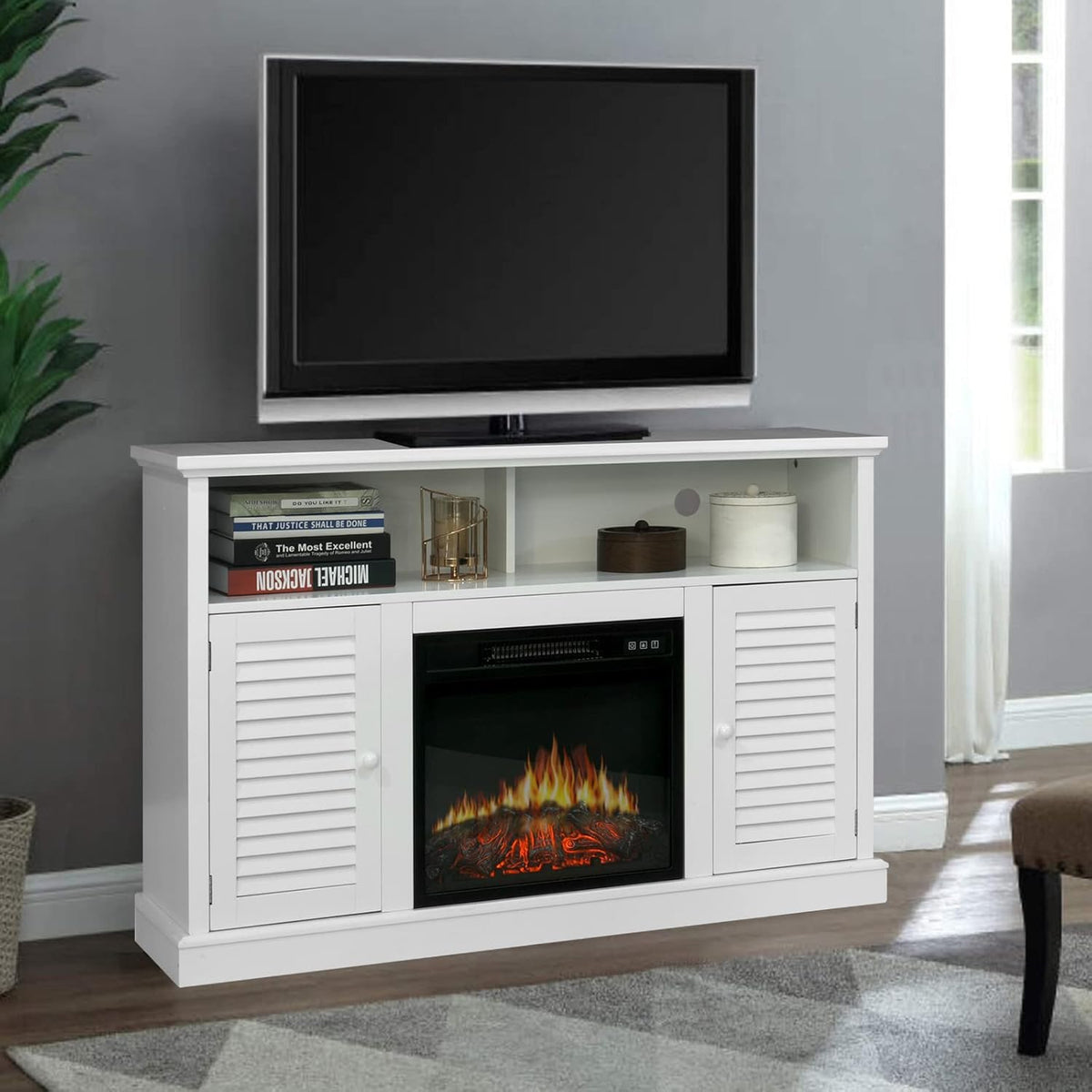 White Fireplace TV Stand with Insert Fireplace and Adjustable Shelves M8830
