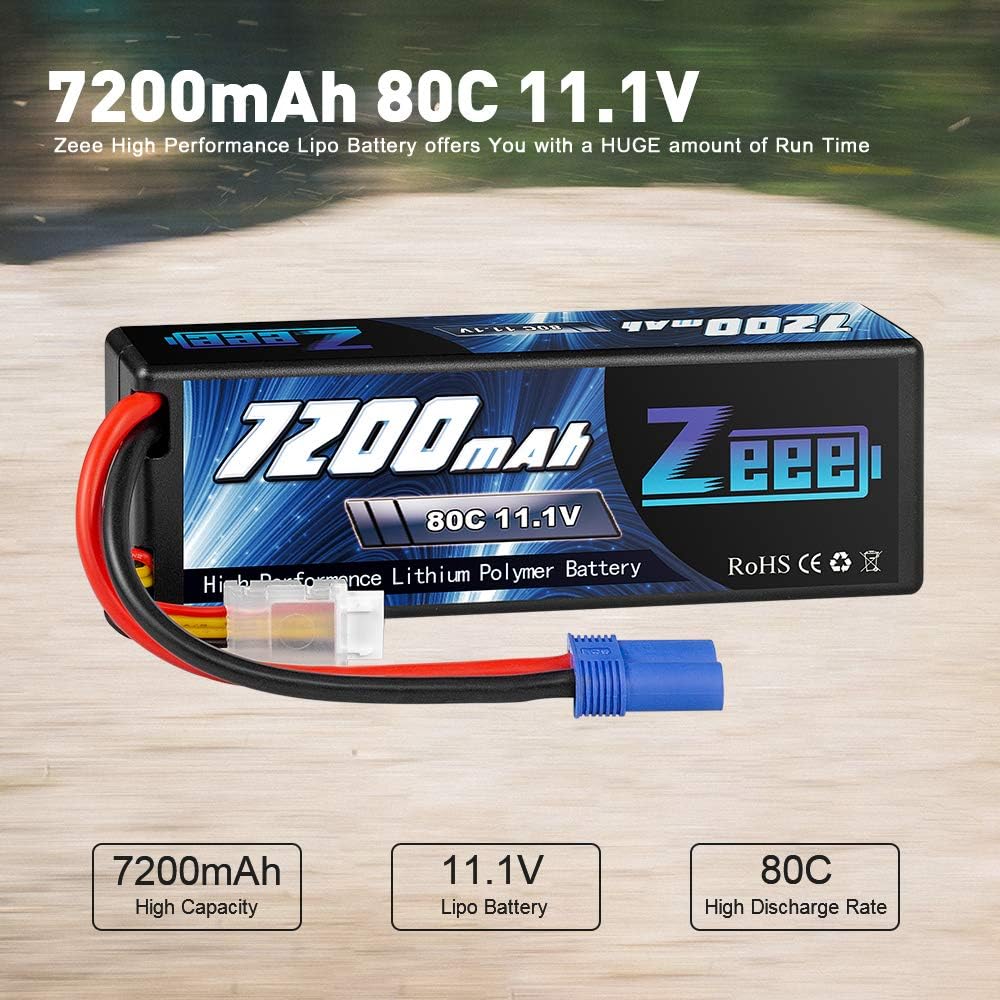 11.1V 3S Lipo Battery 7200mAh 80C with EC5 Connector Hard Case Battery (2 Packs) L90924