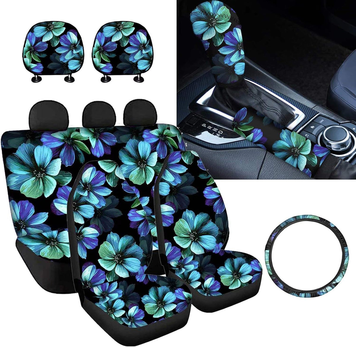 9 Pcs Car Seat Covers Set with Gear Shift Knob Handbrake Cover Headrest Covers Steering Wheel Cover J475