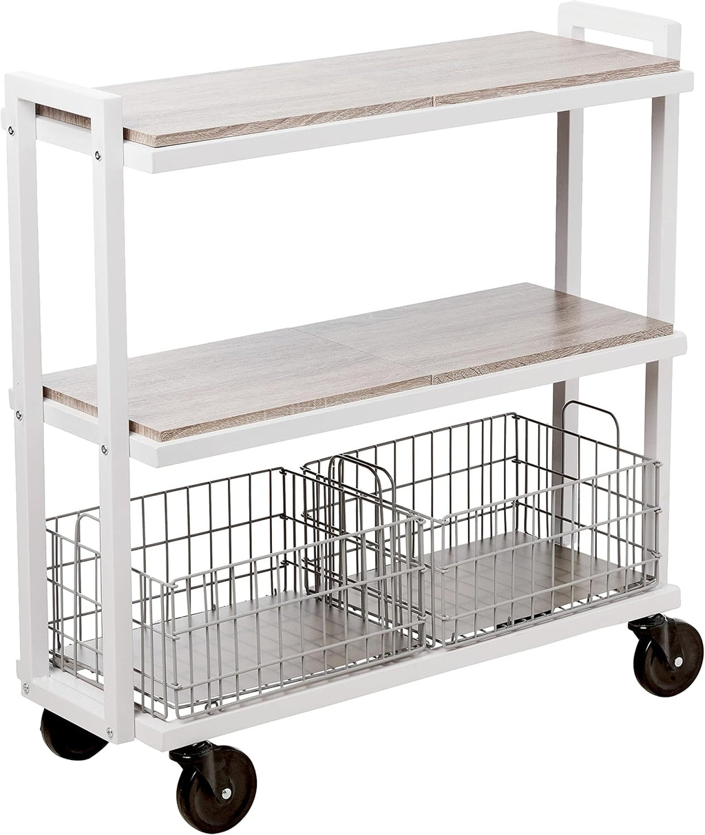3 Tier Cart with Shelves and Baskets, Powder-Coated Steel Frame in Kale Green D609