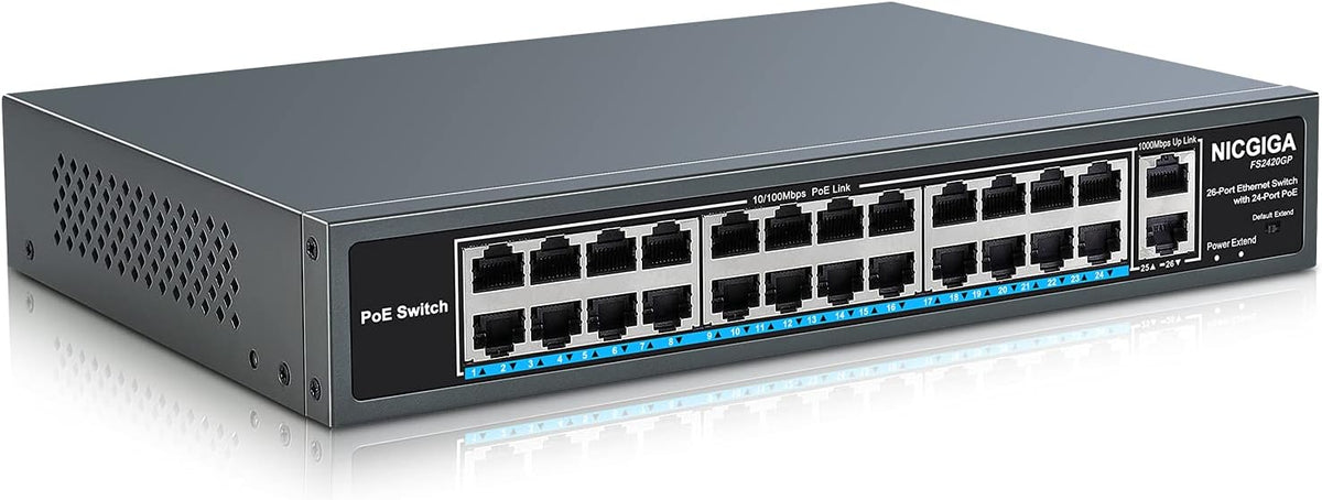 26 Port PoE Switch with 24 Ports 10/100Mbps PoE+@400W, 2 Gigabit Uplink Ports, VLAN Mode, Metal Case, Rack Mount U612417