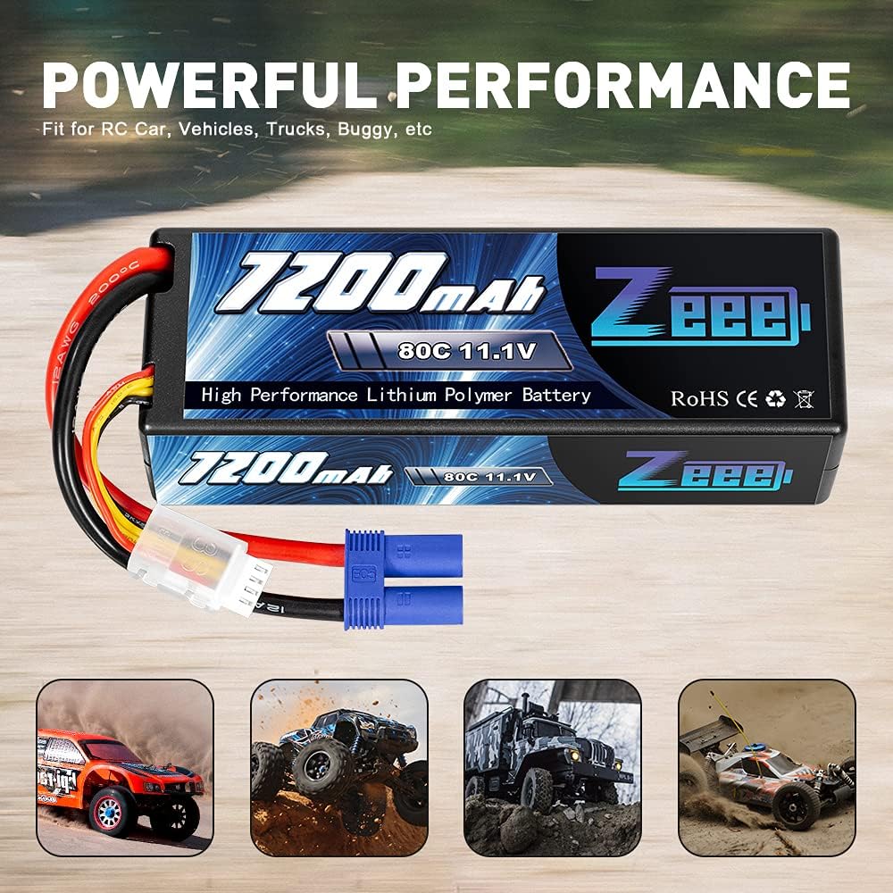 11.1V 3S Lipo Battery 7200mAh 80C with EC5 Connector Hard Case Battery (2 Packs) L90924
