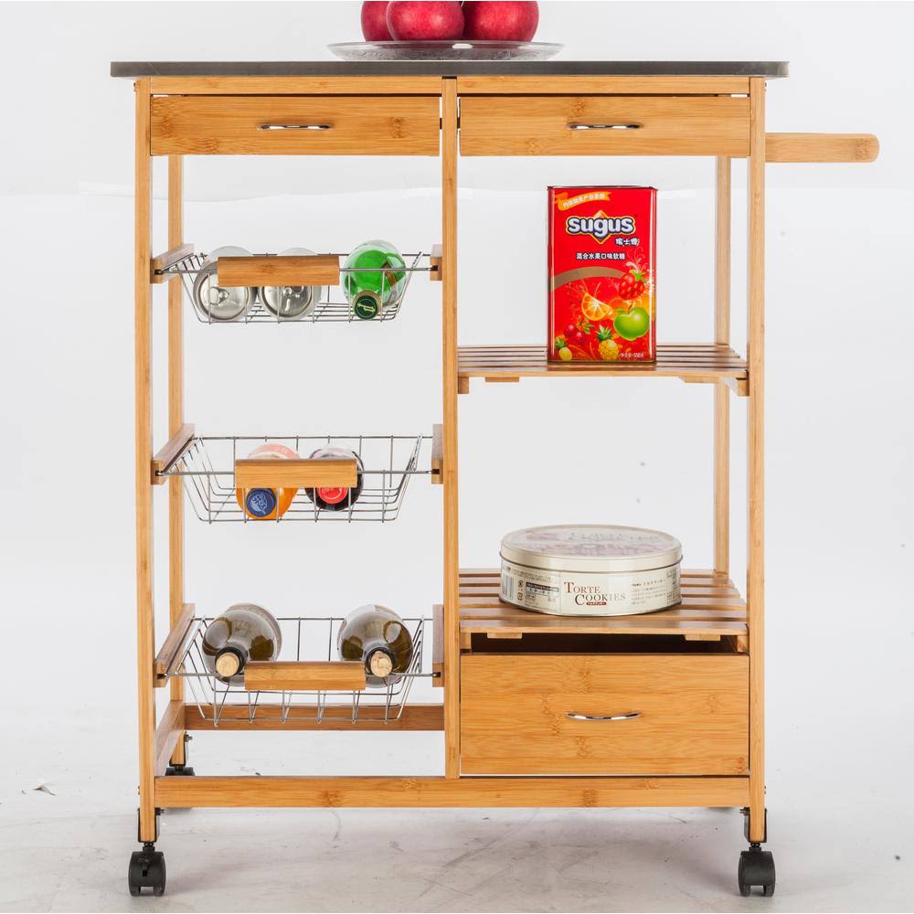 Wood Color Burlywood Kitchen Cart with Stainless Steel Top C665