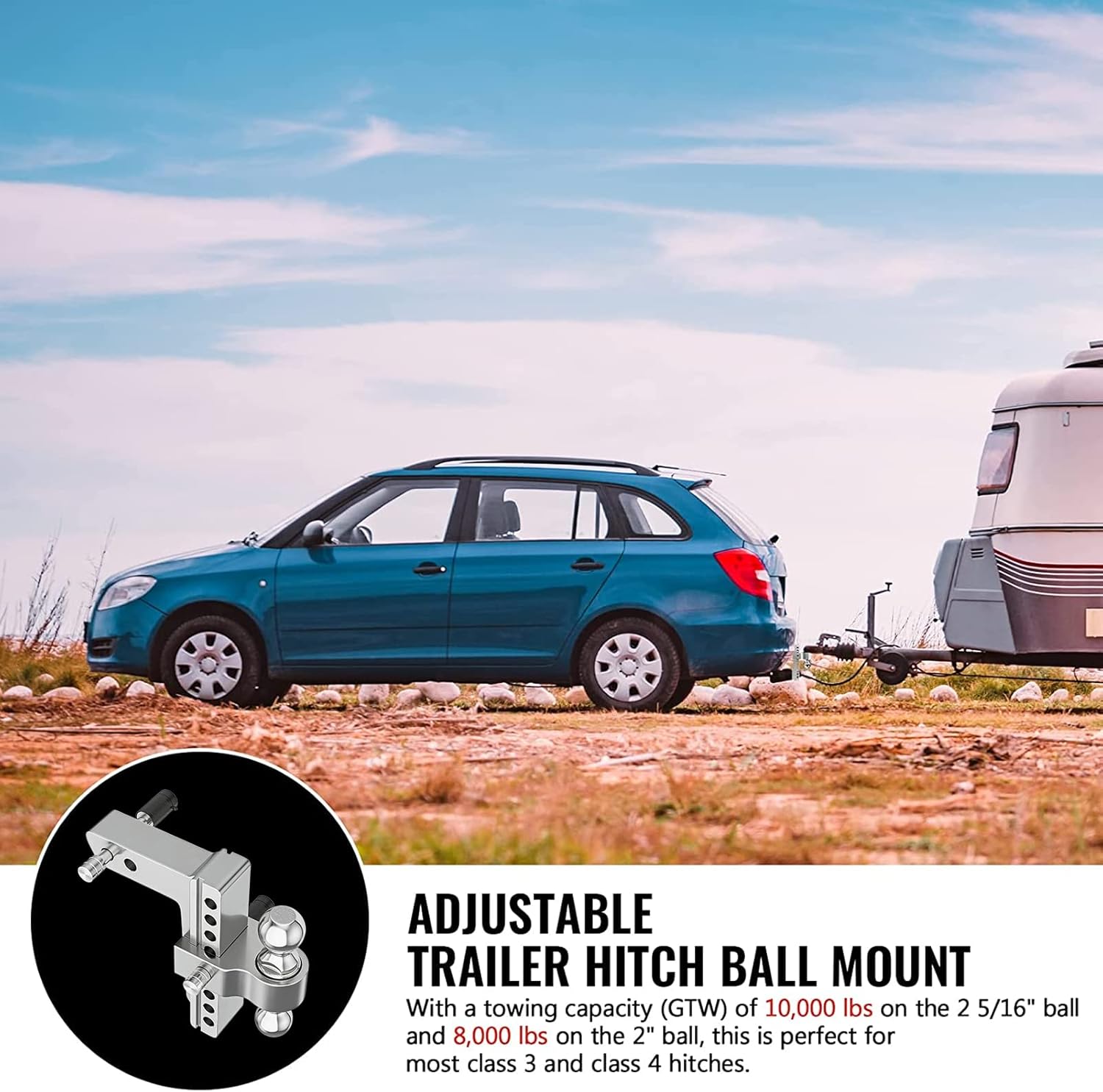 Adjustable Trailer Hitch Ball Mount, 2.5-Inch Receiver, 8-Inch Drop, 8-Inch Rise, Dual Towing Balls with Double Pin Key Locks G56205