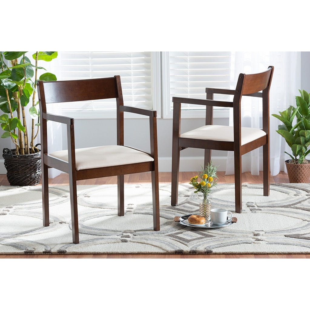 Cream Fabric and Dark Brown Finished Wood 2-Piece Dining Chair Set B75644