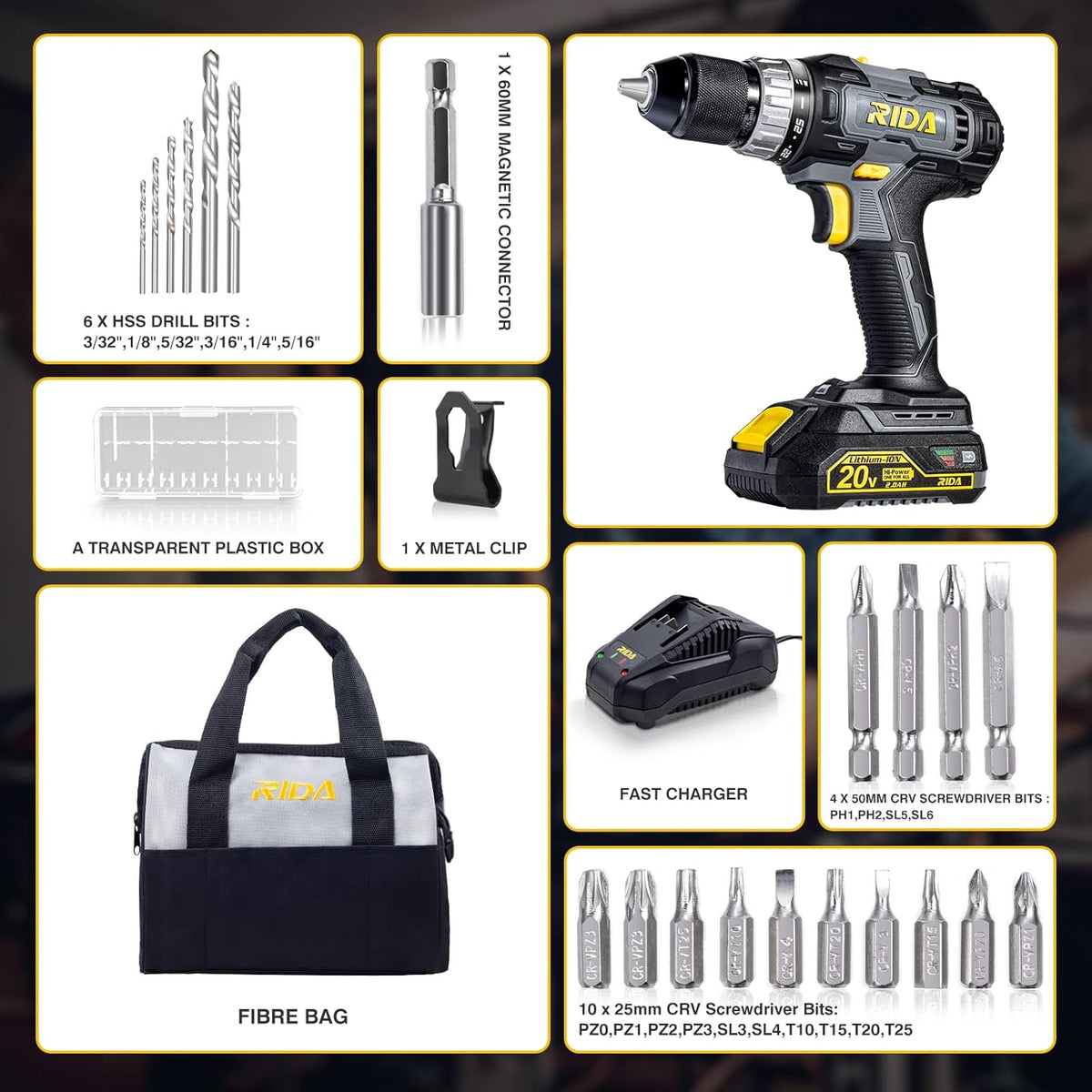 Cordless Drill 20V Electric Power Drill Set with 1/2'' Keyless Metal Chuck, 2.0AH Lithium-ion Battery & Fast Charger, 21pcs Drill Bits J837306