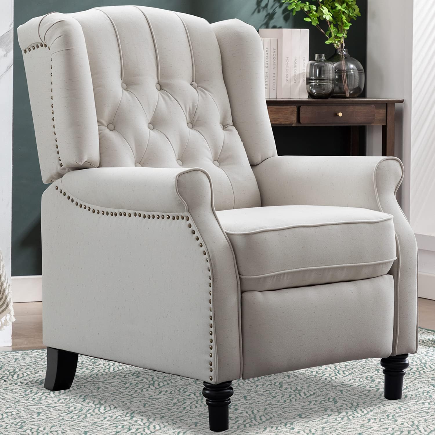 Beige Push Back Recliner Chair with Tufted Back and Wooden Legs X1513