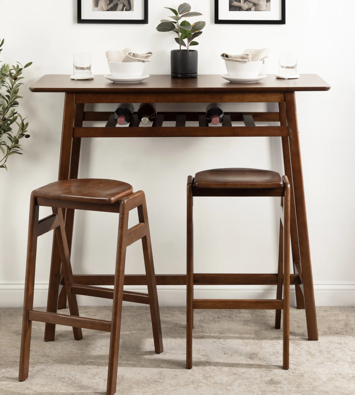 Walnut Brown Wooden Pub Table with Storage Shelf B73242