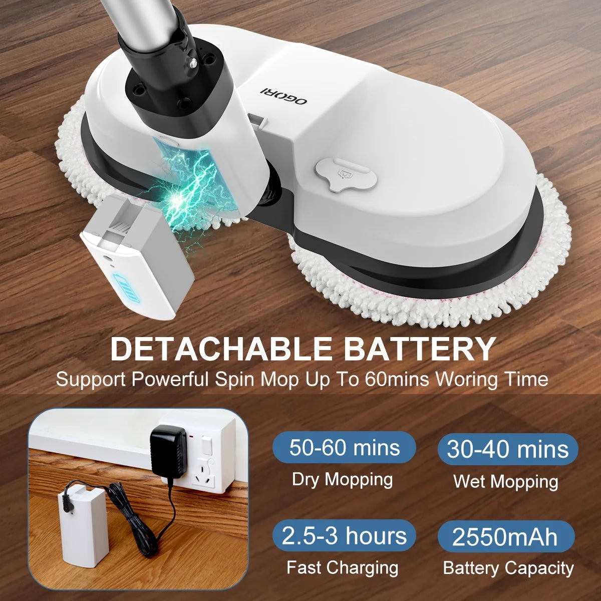 Cordless Electric Spin Mop with 300ml Water Tank and LED Headlight P674