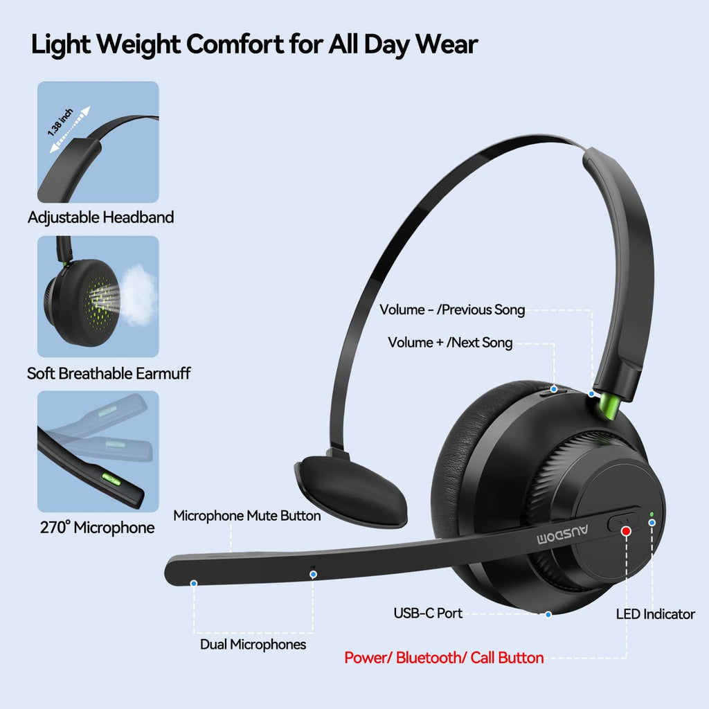 Wireless 5.1 Bluetooth Headset with Microphone, 50h Playtime, Pack of 2 A76473