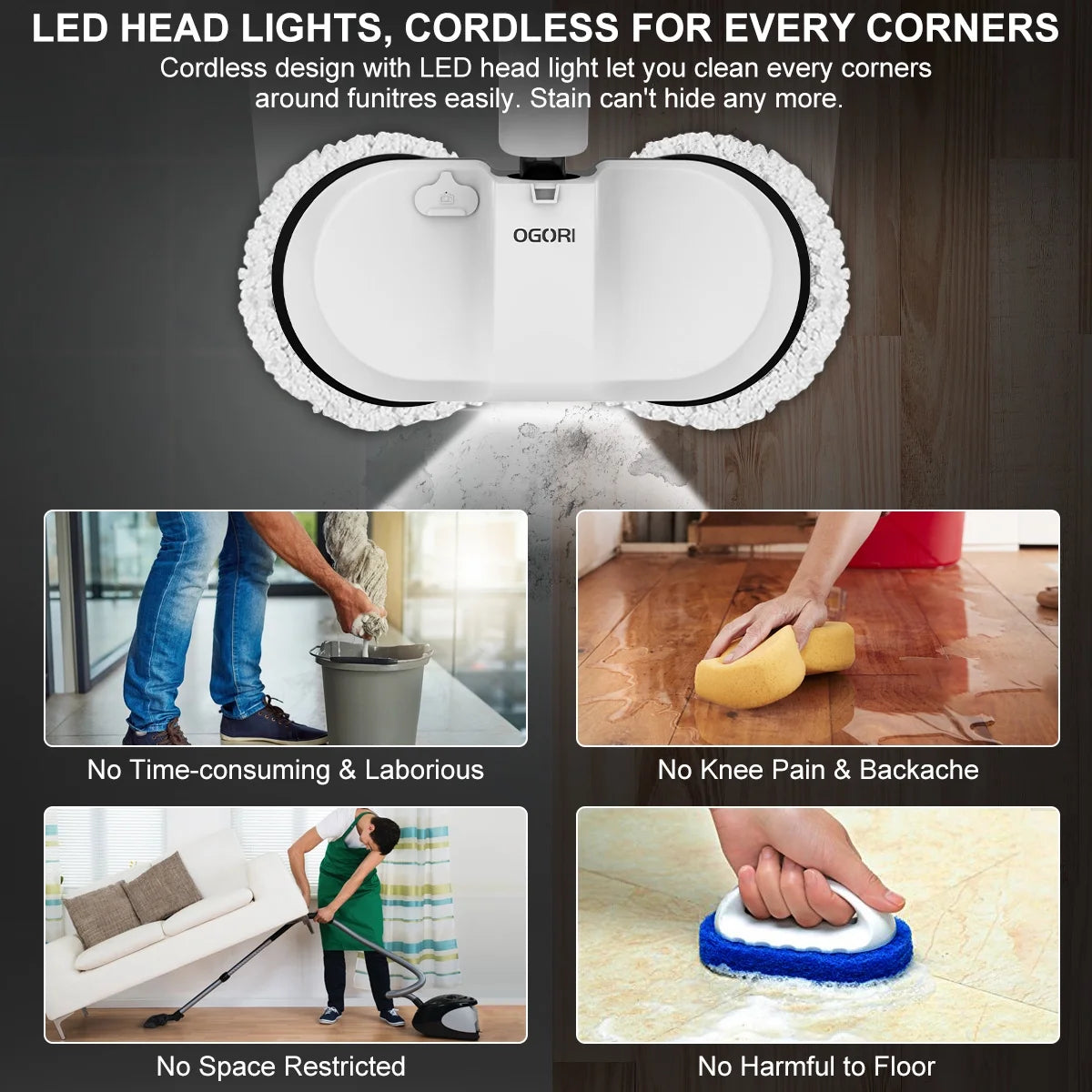 Cordless Electric Spin Mop with 300ml Water Tank and LED Headlight P674