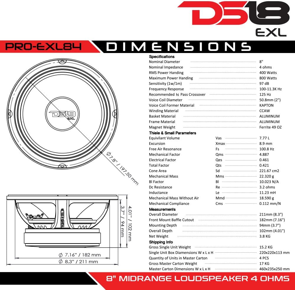 Red Aluminum Basket 8 Midrange Loudspeaker 800W Max 400W RMS 4 Ohms Ferrite Magnet K93295