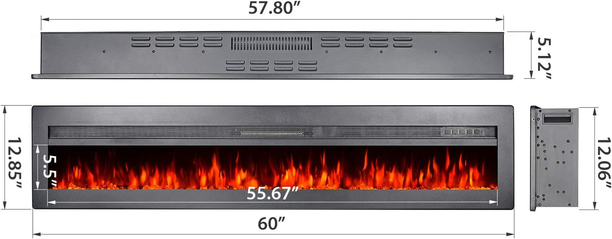 Black 60 Inch Wall Recessed Electric Fireplace with Remote X1400