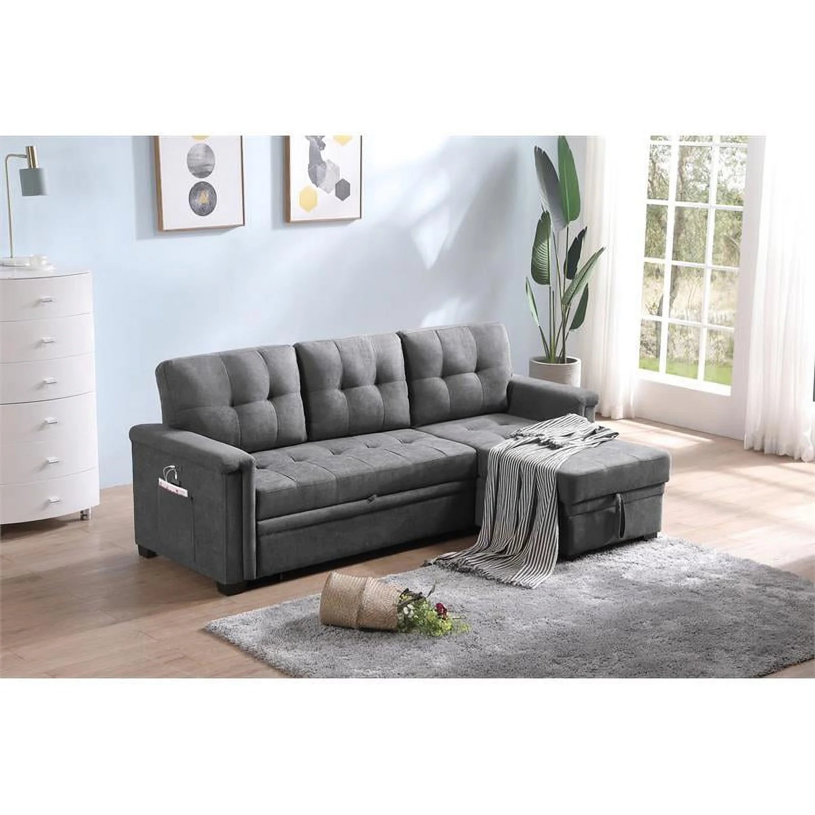 Gray Woven Fabric Sectional Sleeper Sofa with Storage and USB Charger G927