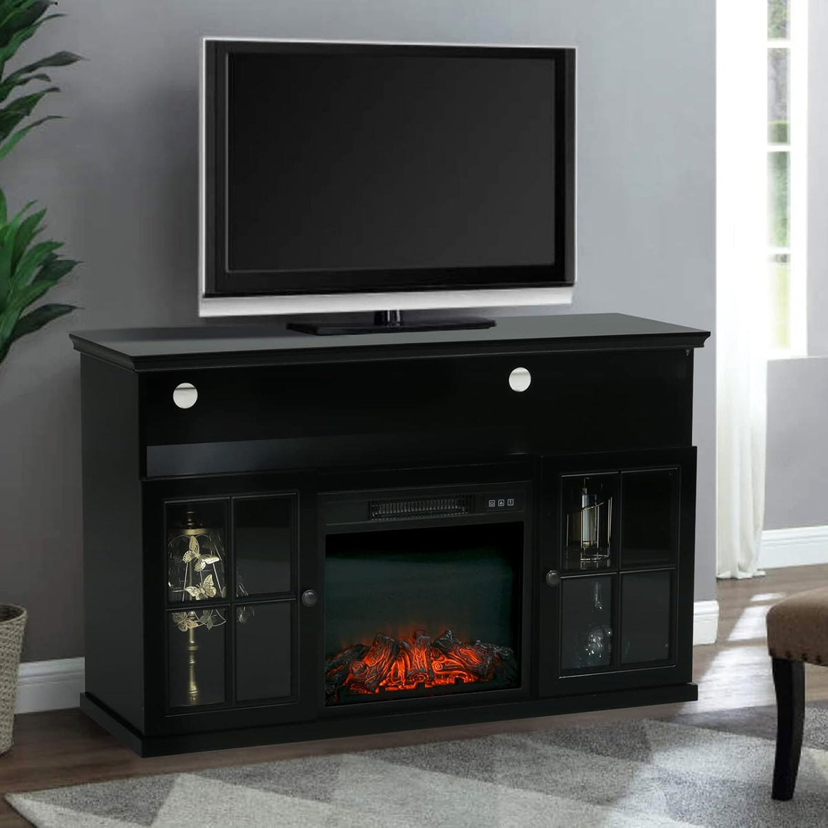 White Fireplace TV Stand with Insert Fireplace and Adjustable Shelves M8830