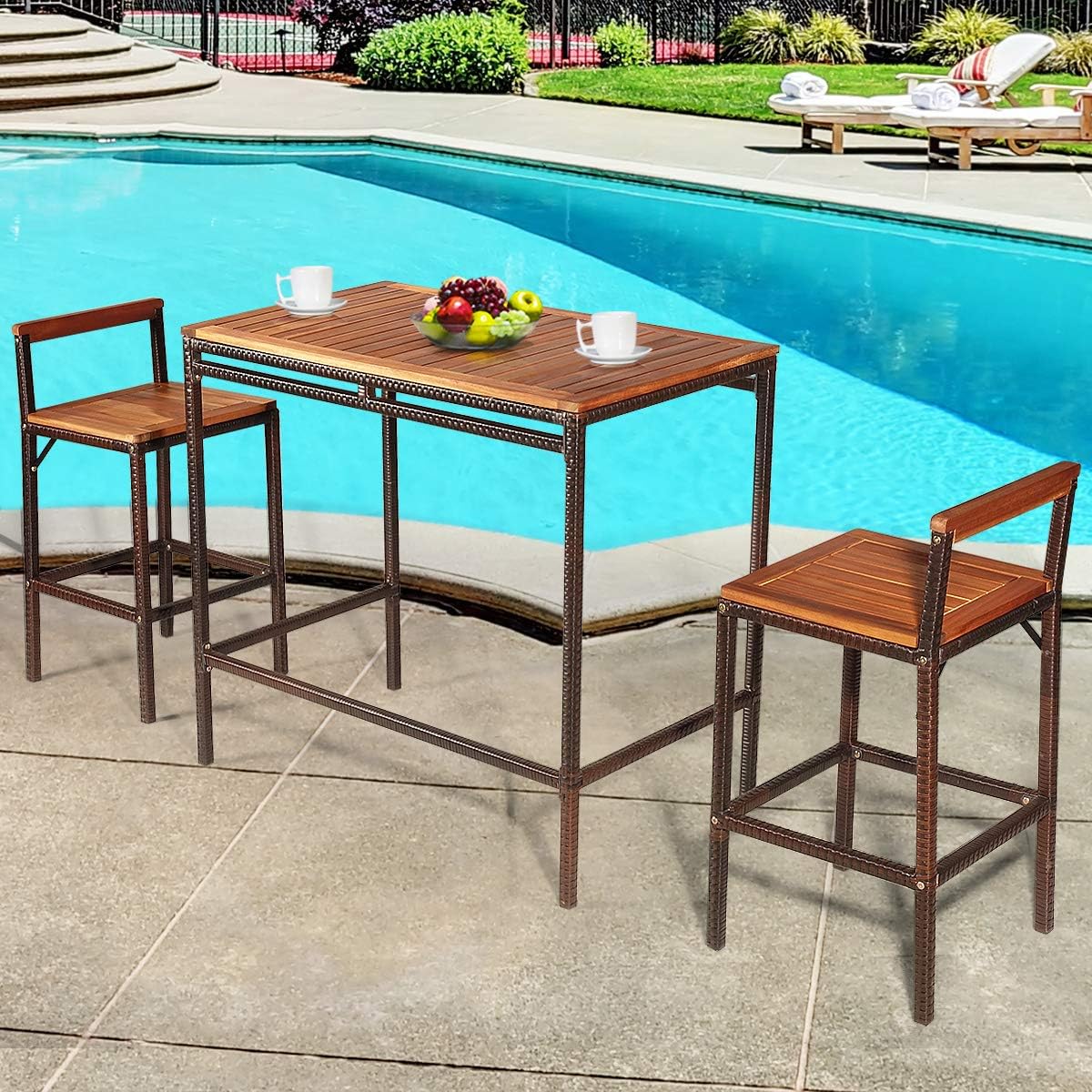 3 PCS Rattan Bar Table Set with Acacia Wood Top and 2 Bar Chairs E7961