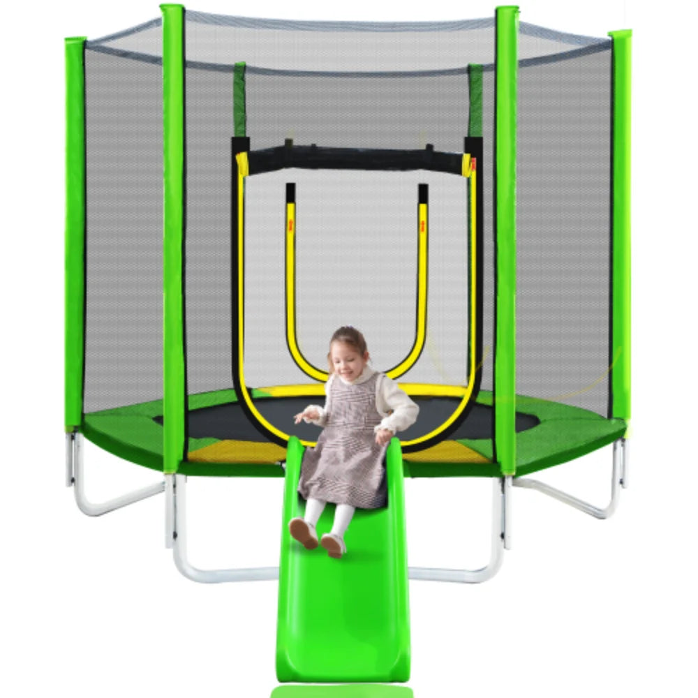 7FT Round Trampoline with Safety Enclosure Net, Slide and Ladder R6163