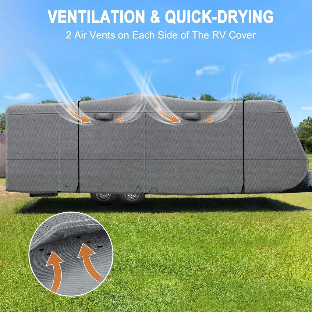 Heavy Duty 6 Layers Travel Trailer RV Cover Anti-UV Breathable Rip-Stop with 2Pcs Extra Straps & Gutter Spout Covers E74438