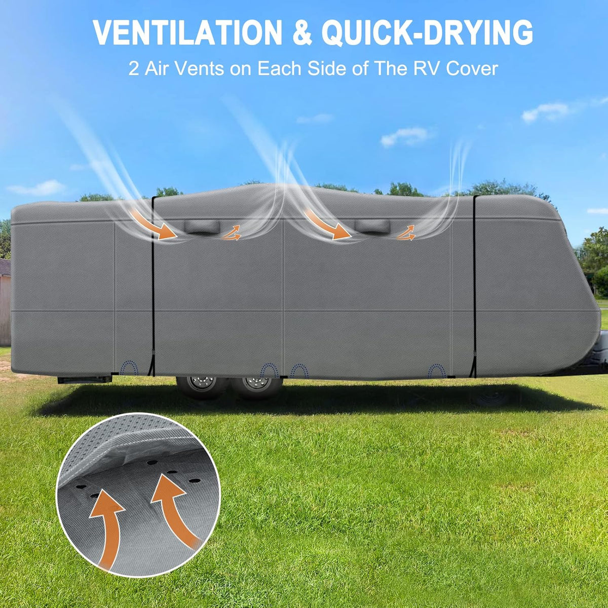 Heavy Duty 6 Layers Travel Trailer RV Cover Anti-UV Breathable Rip-Stop with 2Pcs Extra Straps & Gutter Spout Covers E74438