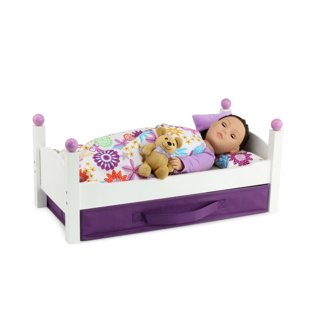 18 Inch Doll Bed with Fabric Storage Bin and Reversible Doll Bedding A28809