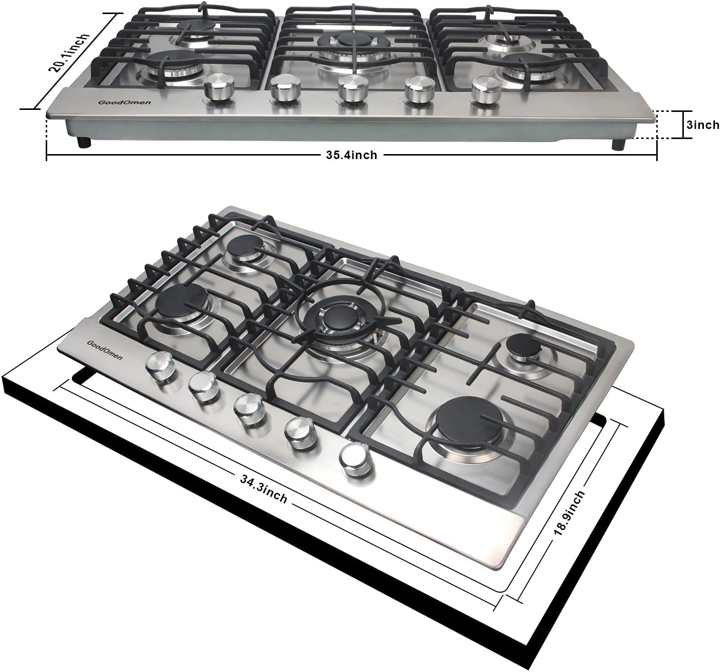 36 inch 5 Sealed Burners Stainless Steel Gas Cooktop with Cast Iron Grates P2933