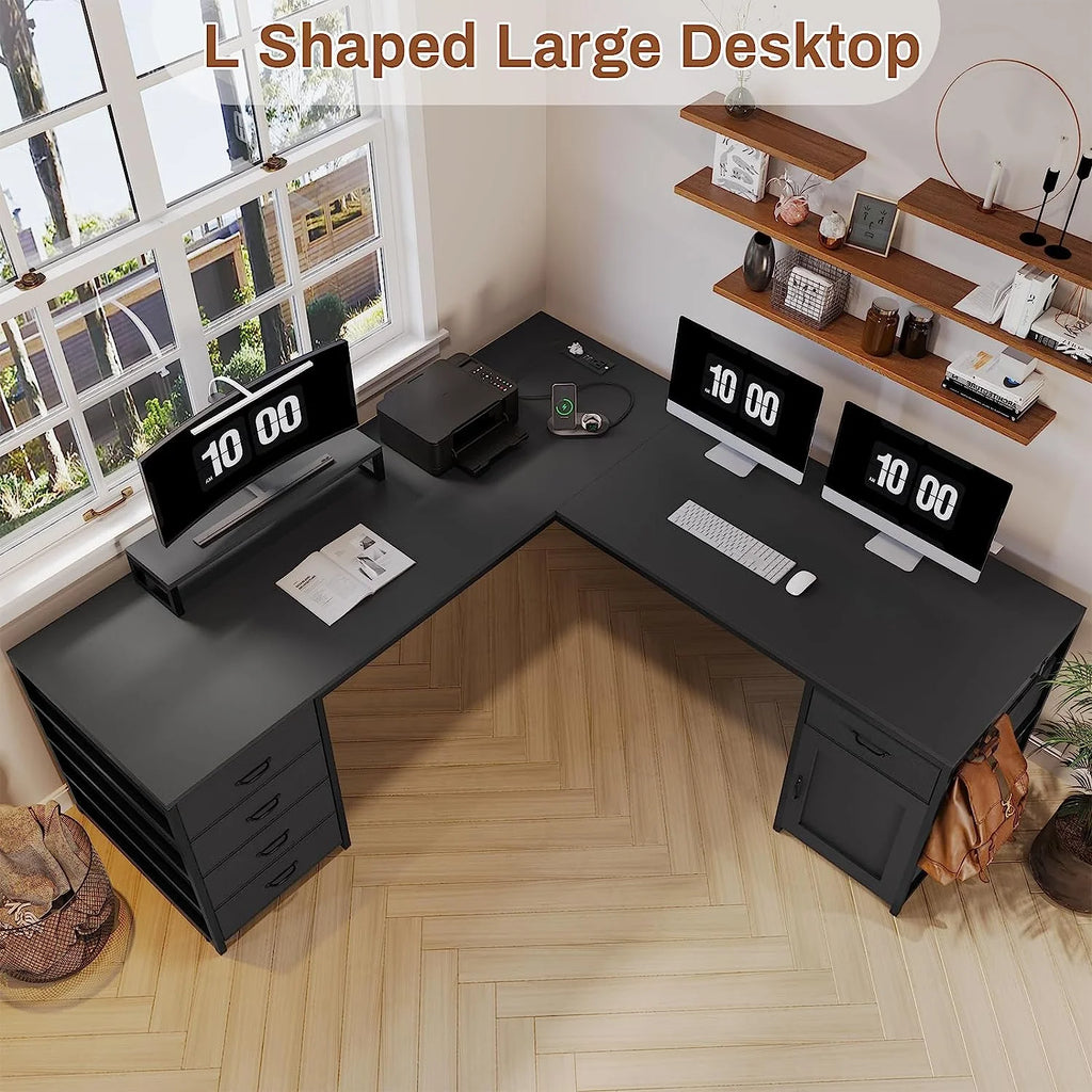 Black L Shaped Computer Desk with Power Outlet, 5 Drawers C249