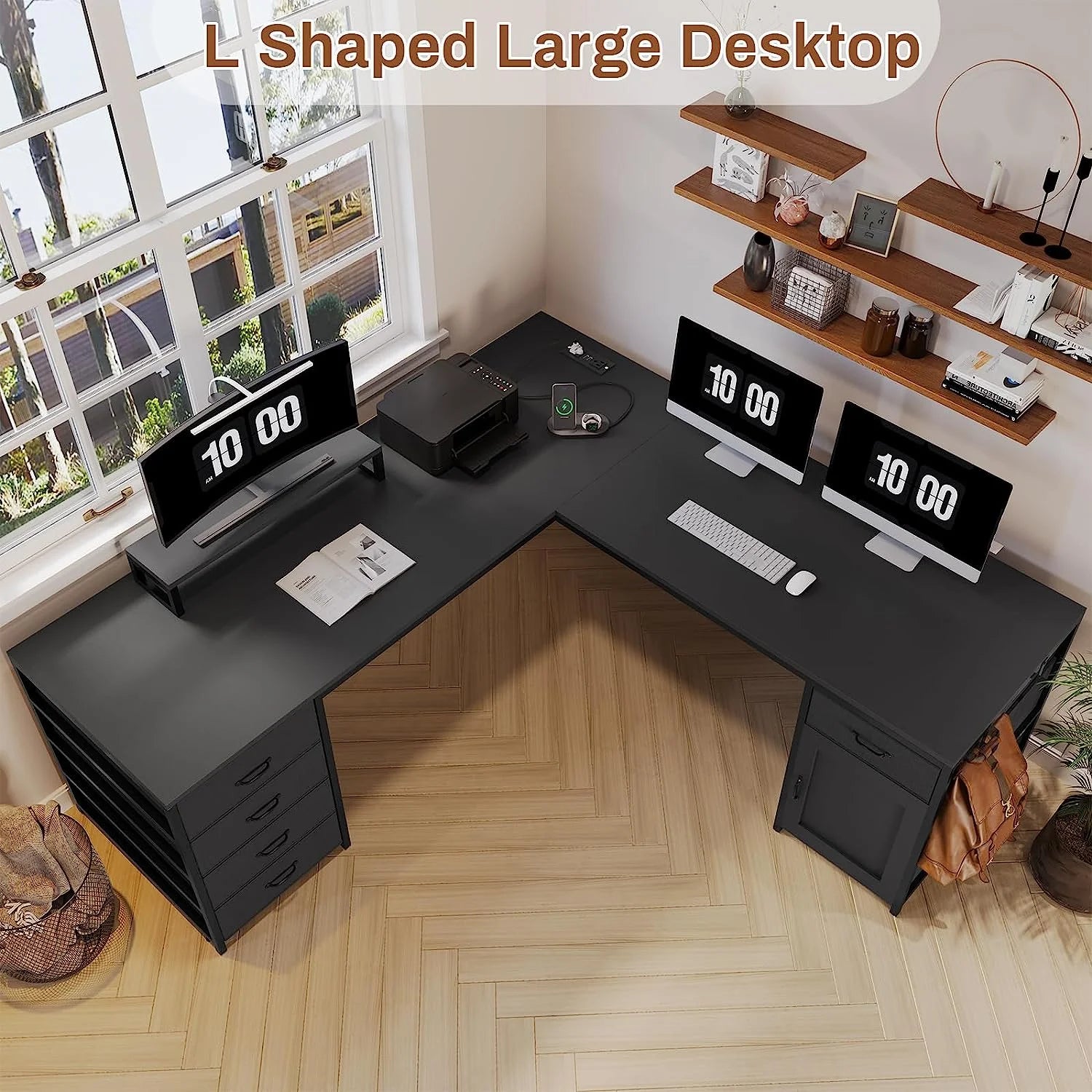 Black L Shaped Computer Desk with Power Outlet, 5 Drawers C249