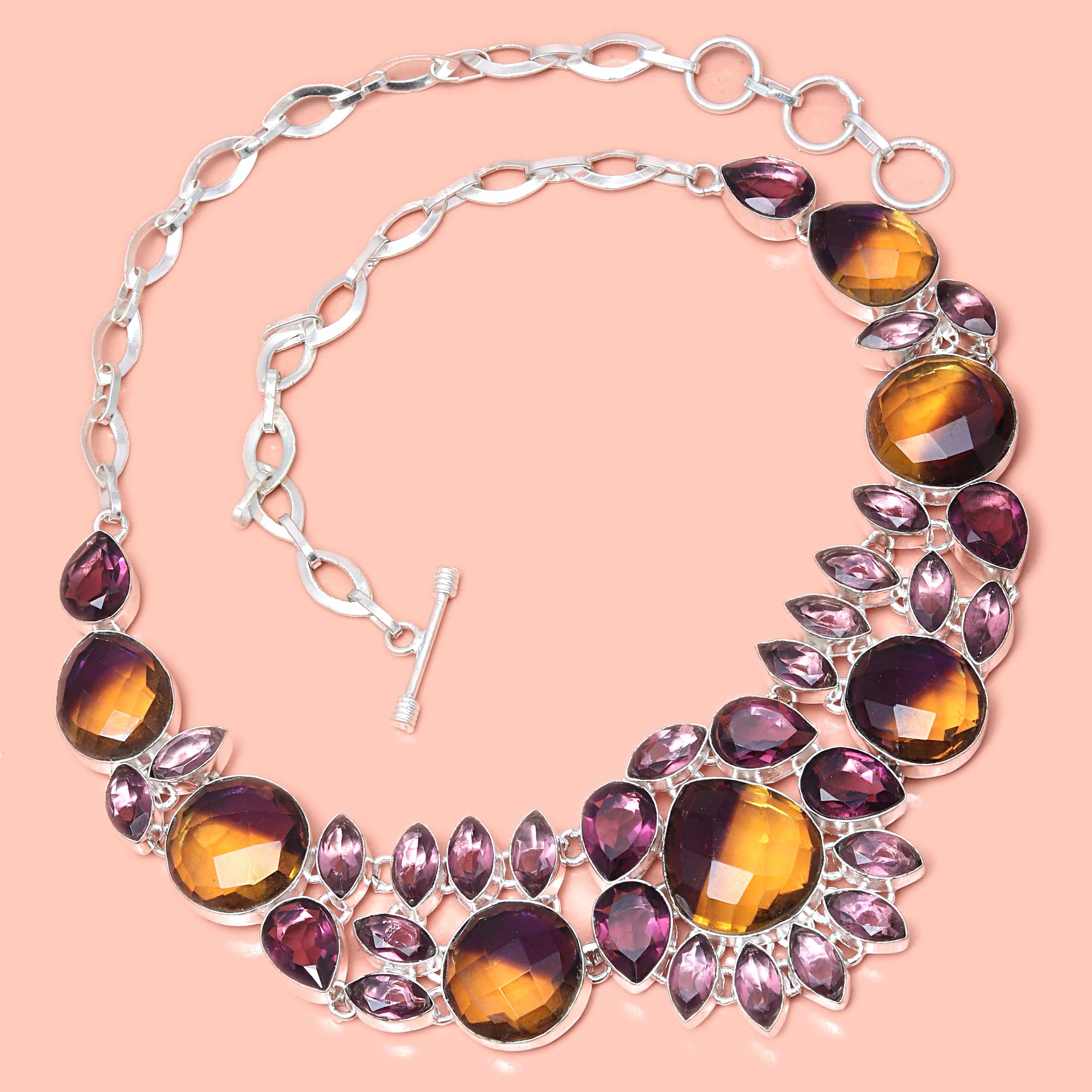 Ametrine Rubylite Faceted Gemstone Silver Necklace 18-20'' Z38248