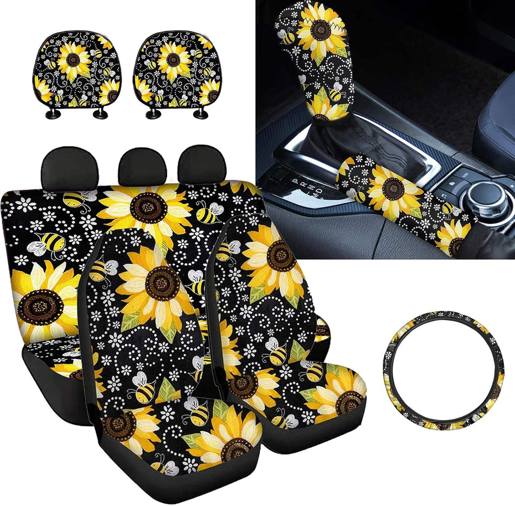 9 Pcs Car Seat Covers Set with Gear Shift Knob Handbrake Cover Headrest Covers Steering Wheel Cover J475