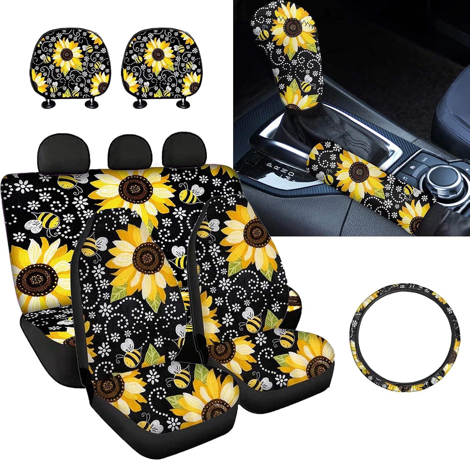 9 Pcs Car Seat Covers Set with Gear Shift Knob Handbrake Cover Headrest Covers Steering Wheel Cover J475
