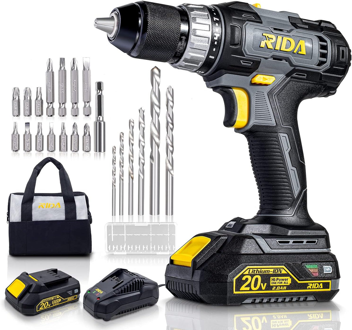 Cordless Drill 20V Electric Power Drill Set with 1/2'' Keyless Metal Chuck, 2.0AH Lithium-ion Battery & Fast Charger, 21pcs Drill Bits J837306