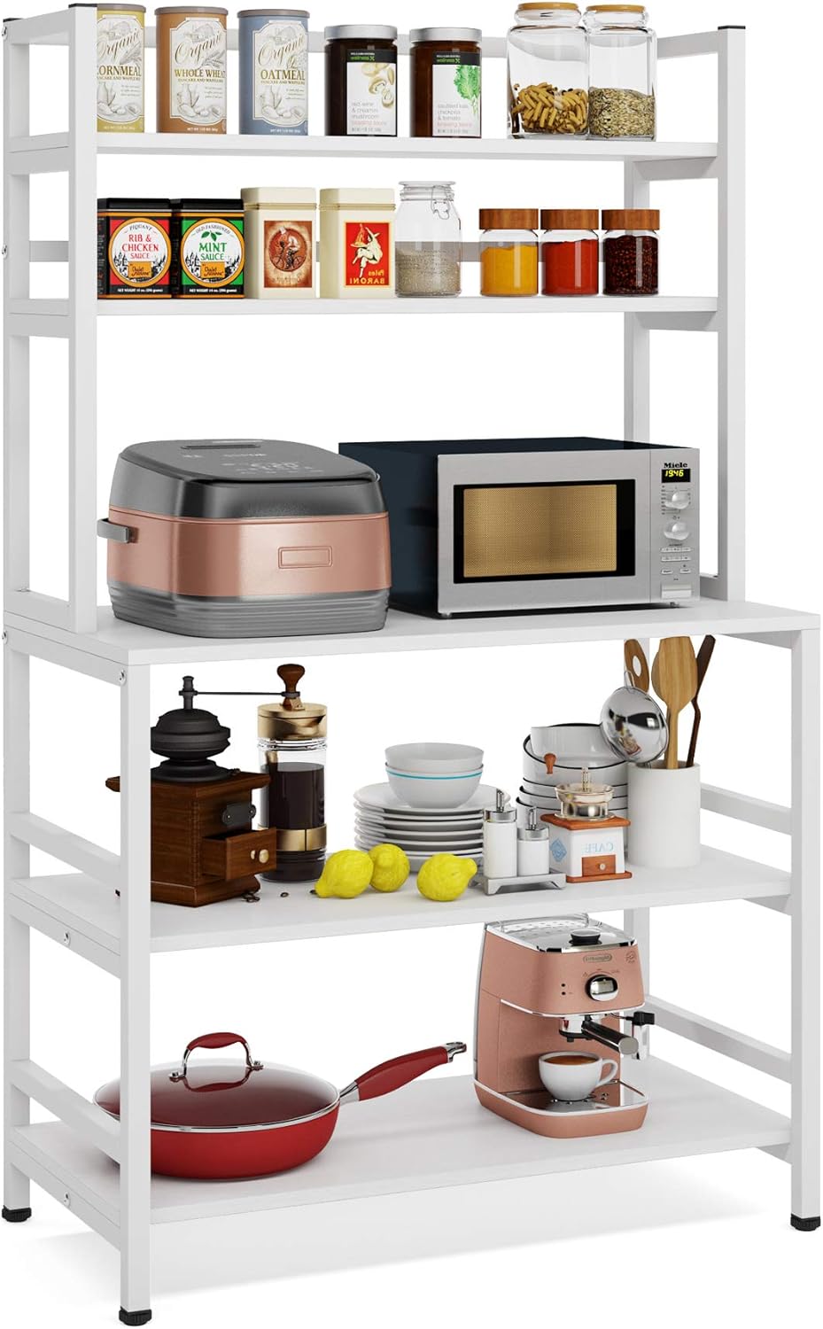 5-Tier Kitchen Bakers Rack with Hutch, Industrial Microwave Oven Stand, Free Standing Kitchen Utility Cart Storage Shelf Organizer (Rustic Brown) B741776