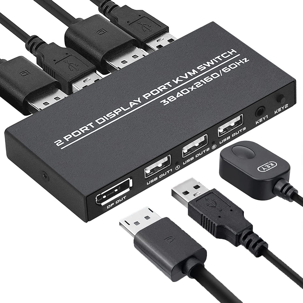 KVM Switch DisplayPort 2 Port, 4K@60Hz, 2 DP Cable and 2 USB Cable Included E912717