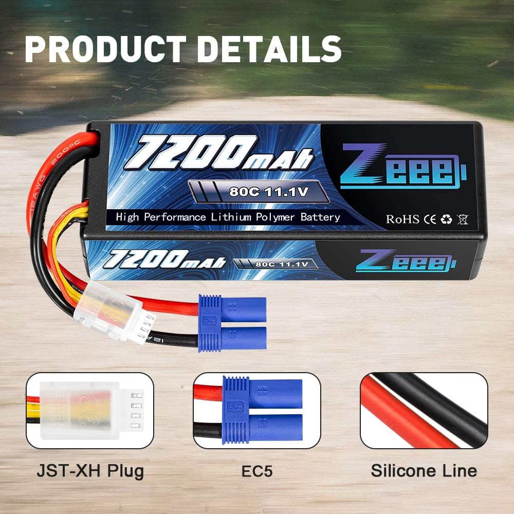 11.1V 3S Lipo Battery 7200mAh 80C with EC5 Connector Hard Case Battery (2 Packs) L90924