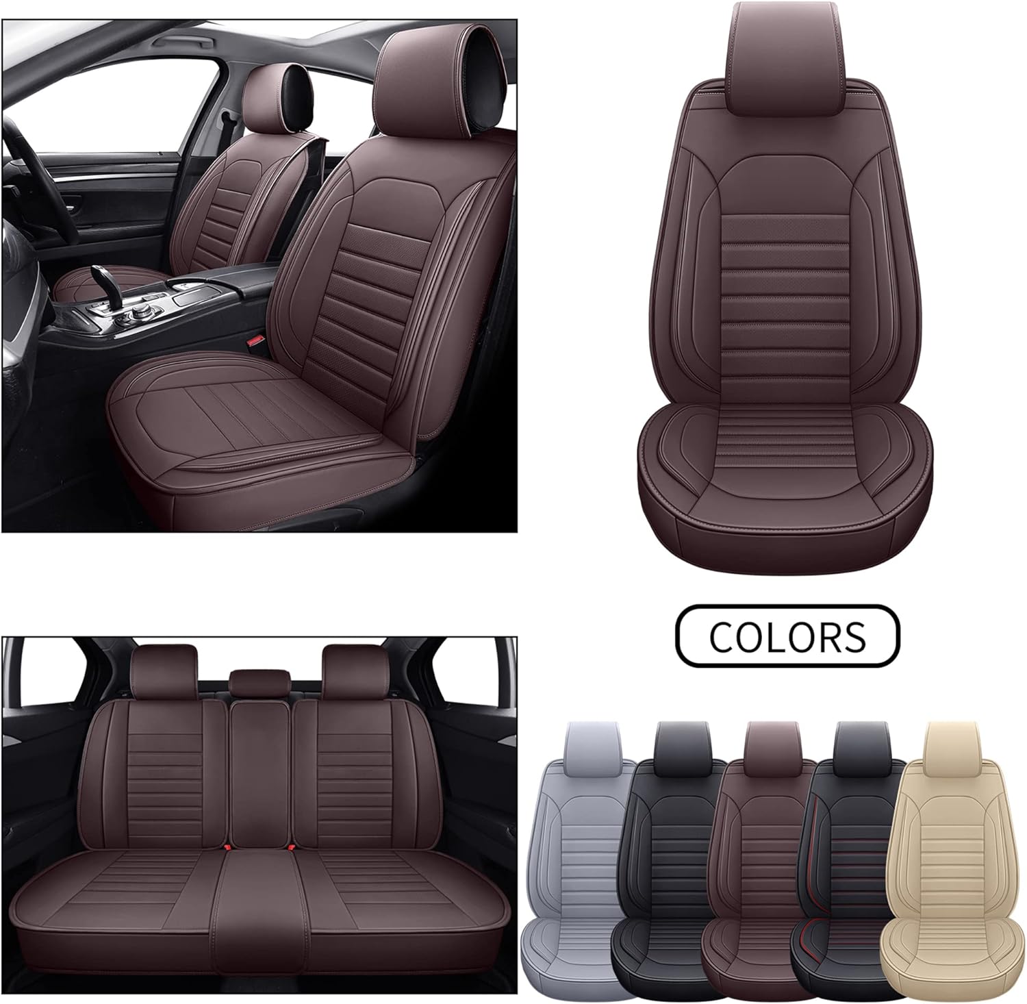 Beige Waterproof Faux Leather 5pcs Auto Seat Cover Full Set C2520