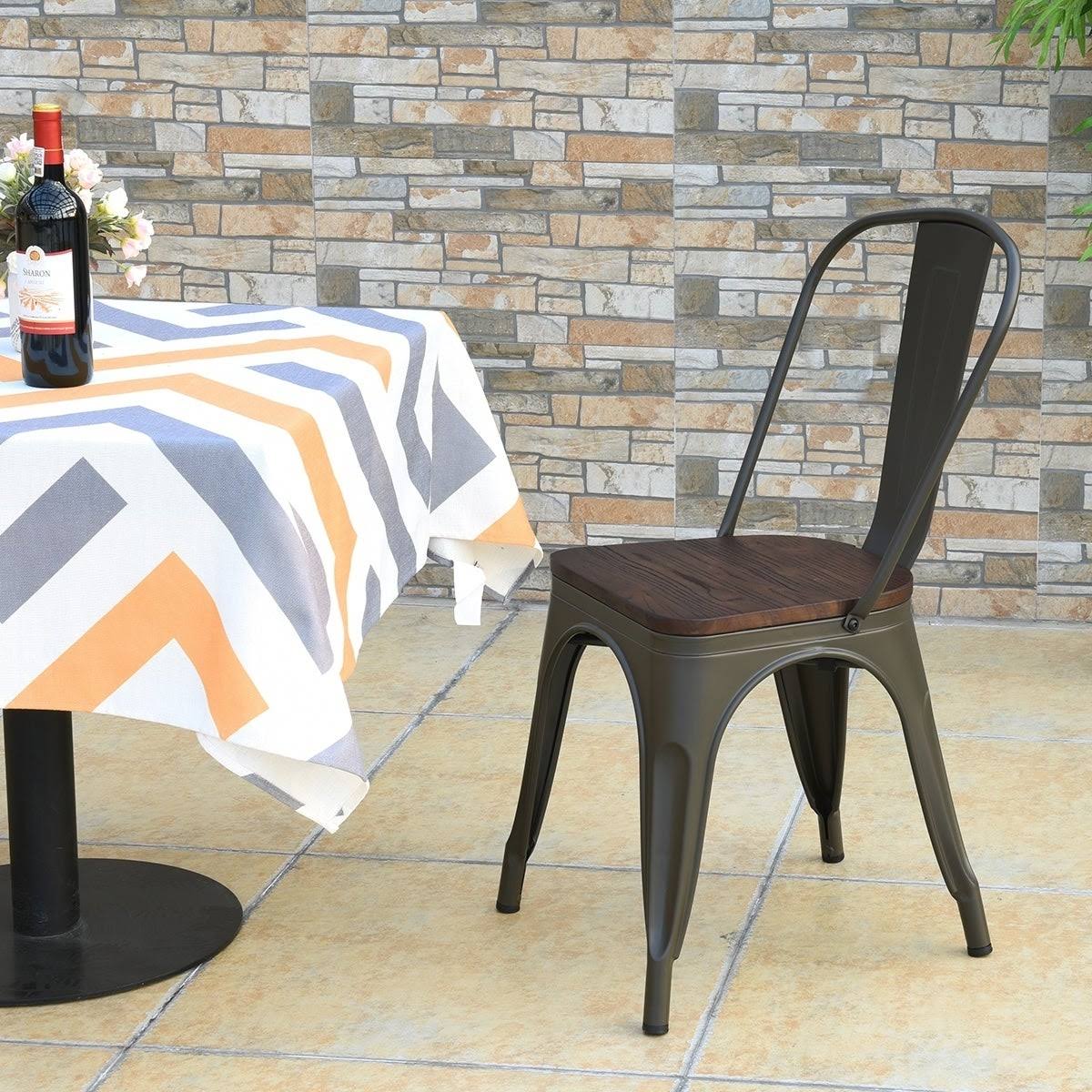 Set of 4 Stackable Bistro Dining Chair Metal Frame Wood Seat Gun X6765